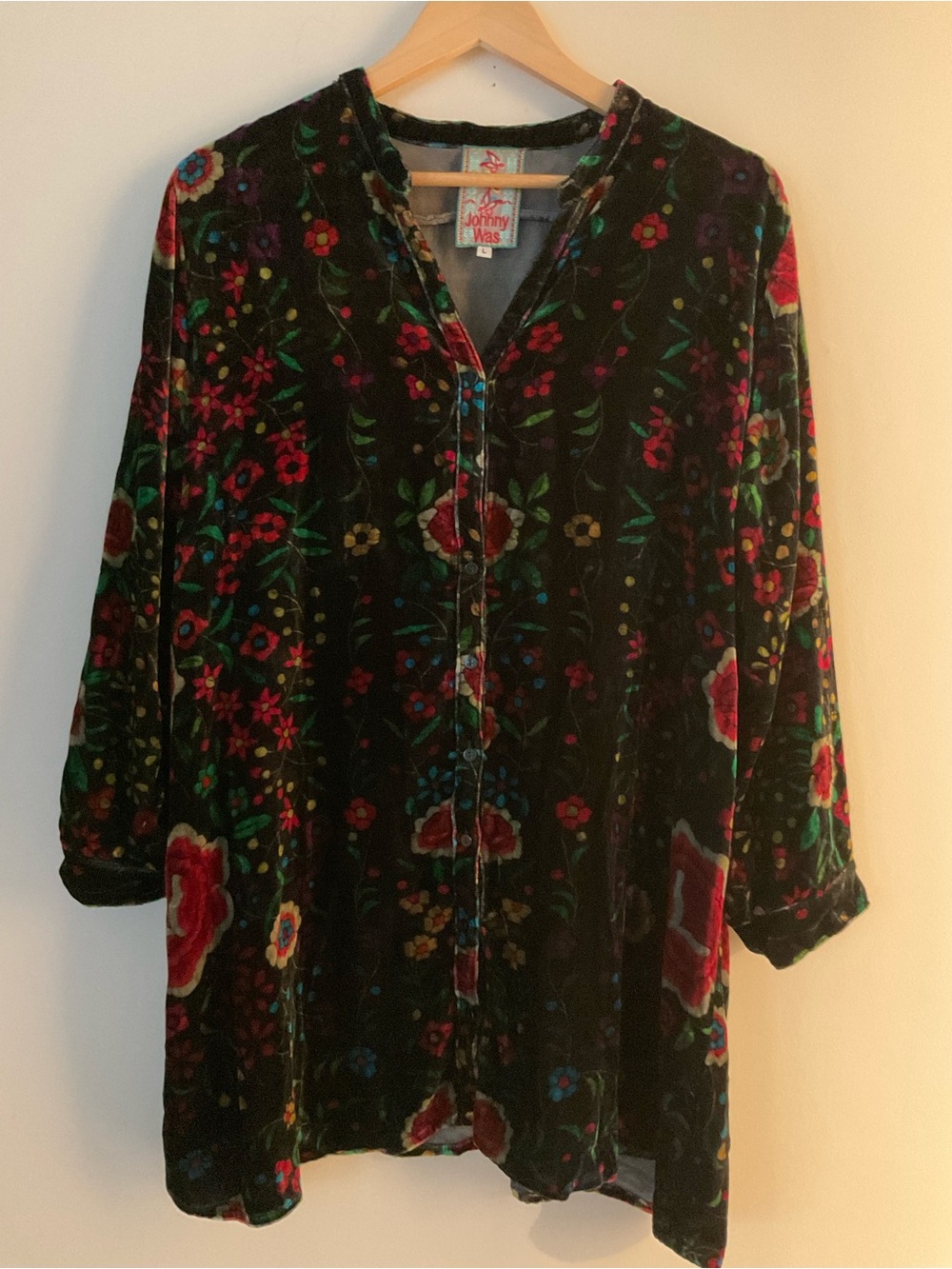 Johnny Was Floral Luxury Silk Velvet Tunic Top Button Up Dress Rich Boho Whimsy - Picture 2 of 9